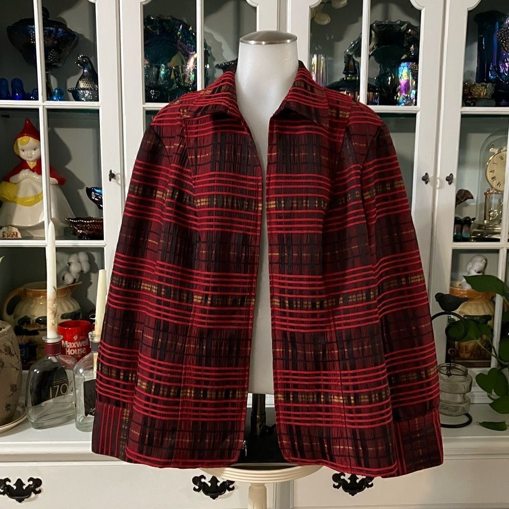 CJ Banks Jacket Red Black Gold Sz 14W Zip Front Stretch Christopher & Banks